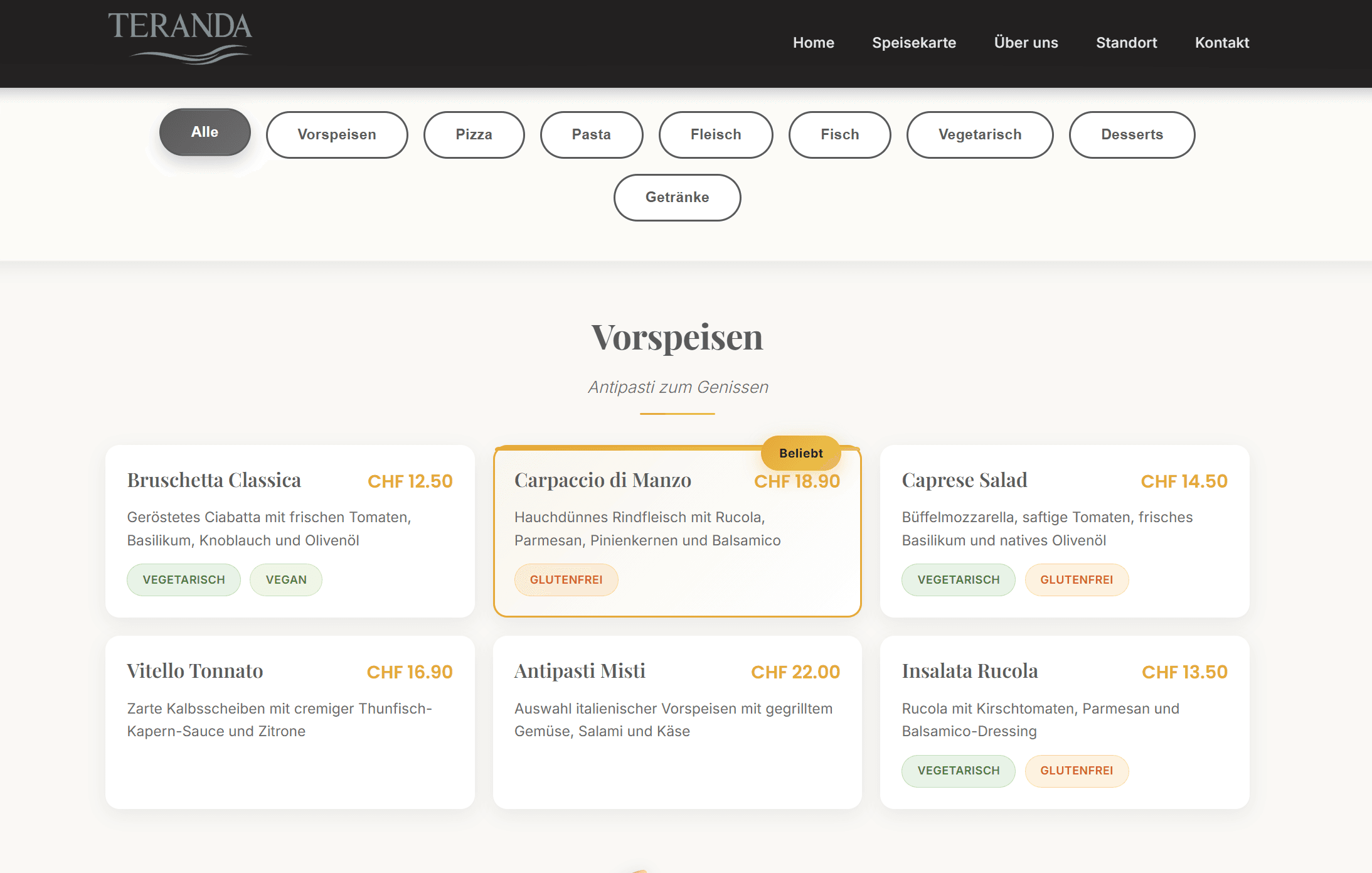 Restaurant Terranda Website Beispiel